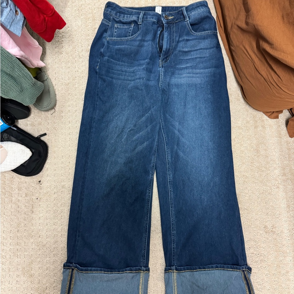HALARA Blue Flare Wide-Leg Jeans with Cuffed Hem
